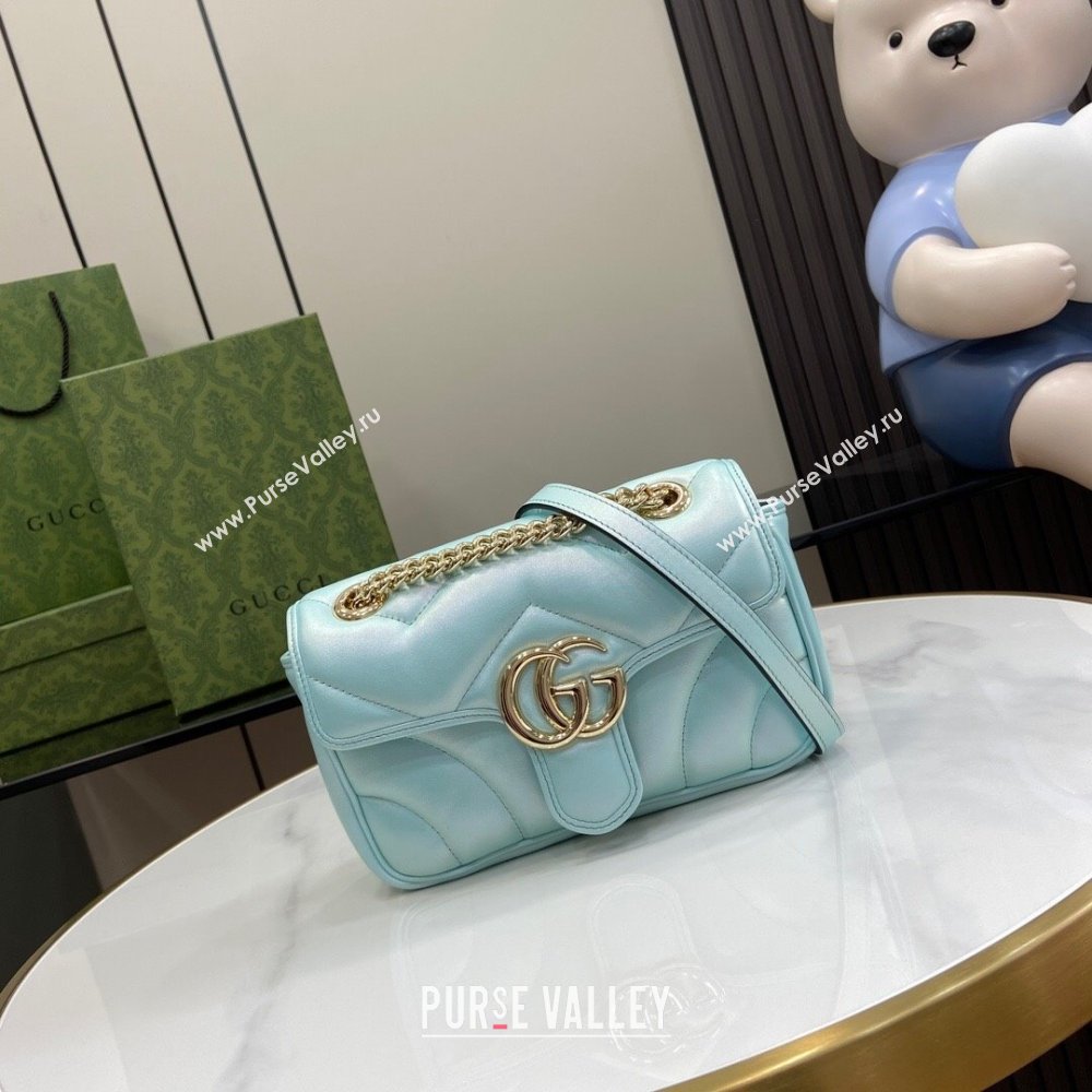 Gucci GG Marmont Mini Shoulder Bag in Light Blue Iridescent Leather 446744 2024 (XINGLU-24021934)