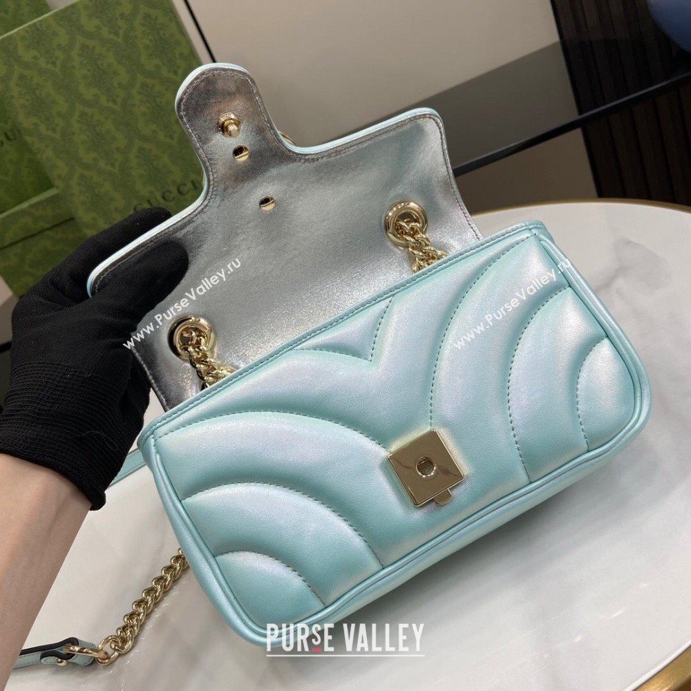 Gucci GG Marmont Mini Shoulder Bag in Light Blue Iridescent Leather 446744 2024 (XINGLU-24021934)