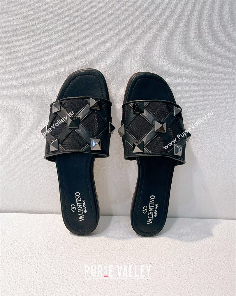 Valentino Roman Stud Flat Slide Sandals in Leather-Quilted Mesh Black 2023 VT102703 (MD-231027078)