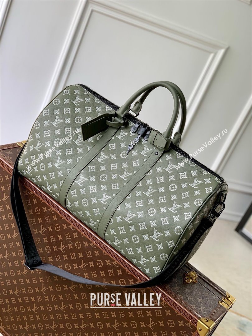 Louis Vuitton Keepall Bandouliere 50 Bag in Olive Green Monogram Shadow Embossed Calf Leather M12504 2025 (K-25010713)