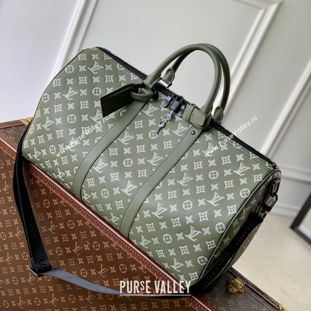 Louis Vuitton Keepall Bandouliere 50 Bag in Olive Green Monogram Shadow Embossed Calf Leather M12504 2025 (K-25010713)