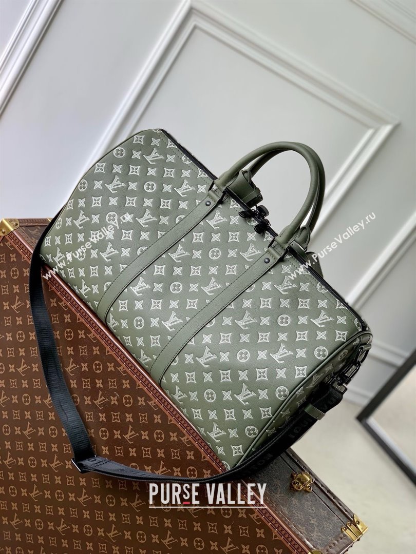 Louis Vuitton Keepall Bandouliere 50 Bag in Olive Green Monogram Shadow Embossed Calf Leather M12504 2025 (K-25010713)