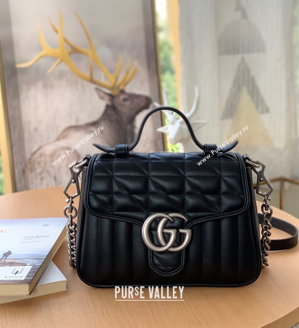 Gucci GG Marmont Geometric Leather Mini Top Handle Bag 583571 Black 2021 (DLH-21101566)