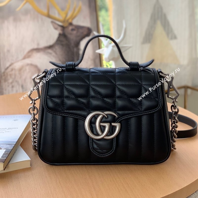 Gucci GG Marmont Geometric Leather Mini Top Handle Bag 583571 Black 2021 (DLH-21101566)