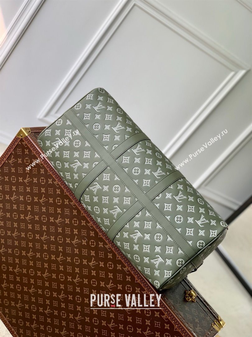 Louis Vuitton Keepall Bandouliere 50 Bag in Olive Green Monogram Shadow Embossed Calf Leather M12504 2025 (K-25010713)