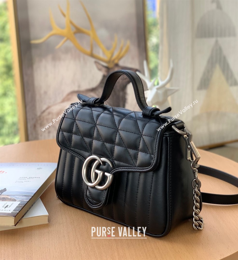 Gucci GG Marmont Geometric Leather Mini Top Handle Bag 583571 Black 2021 (DLH-21101566)