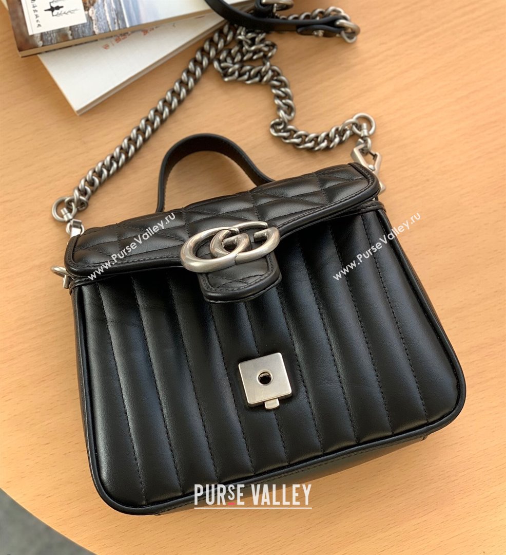 Gucci GG Marmont Geometric Leather Mini Top Handle Bag 583571 Black 2021 (DLH-21101566)