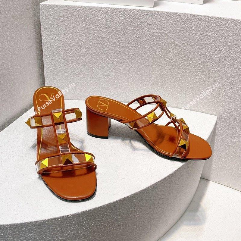 Valentino Roman Stud Heel Slide Sandals in Leather and PVC Brown 2023 VT102704 (MD-231027083)