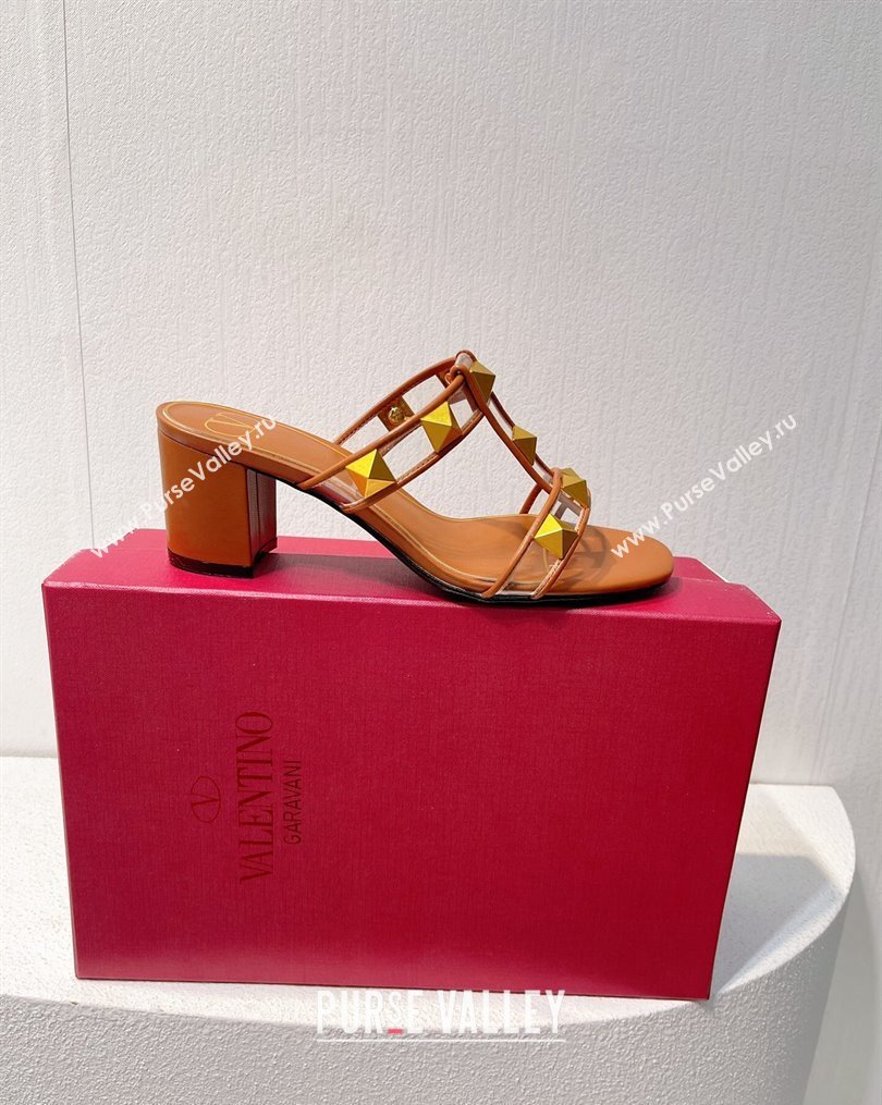 Valentino Roman Stud Heel Slide Sandals in Leather and PVC Brown 2023 VT102704 (MD-231027083)