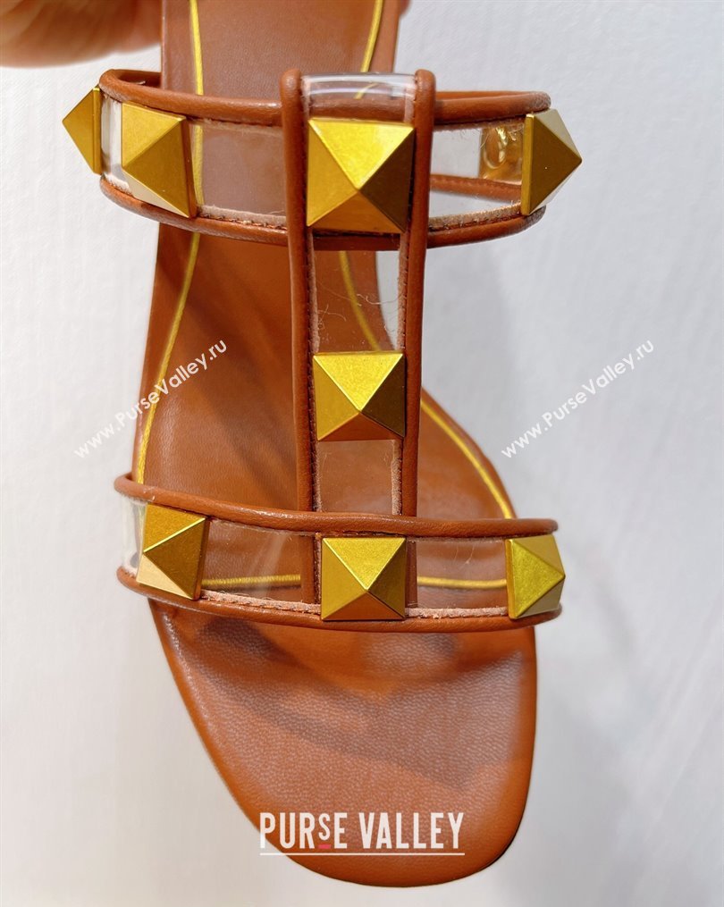 Valentino Roman Stud Heel Slide Sandals in Leather and PVC Brown 2023 VT102704 (MD-231027083)