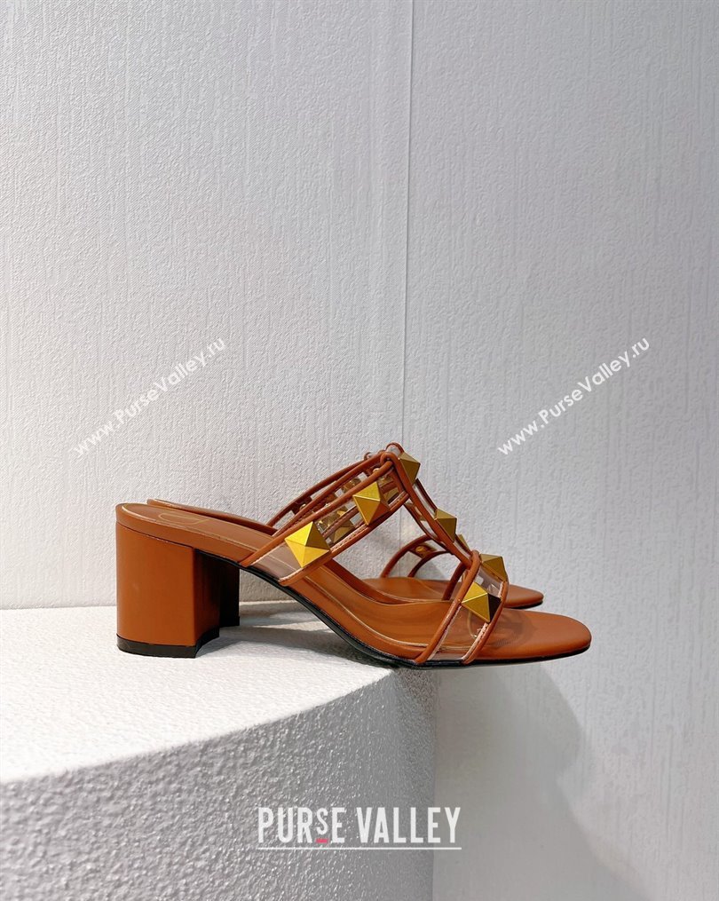 Valentino Roman Stud Heel Slide Sandals in Leather and PVC Brown 2023 VT102704 (MD-231027083)