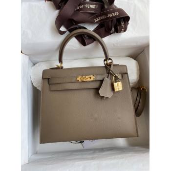 Hermes Kelly 25/28/32cm Bag in Original Epsom Leather Etoupe/Gold 2024 (Handmand) (M-24021902)