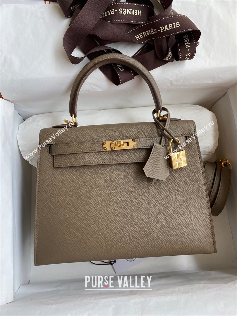 Hermes Kelly 25/28/32cm Bag in Original Epsom Leather Etoupe/Gold 2024 (Handmand) (M-24021902)