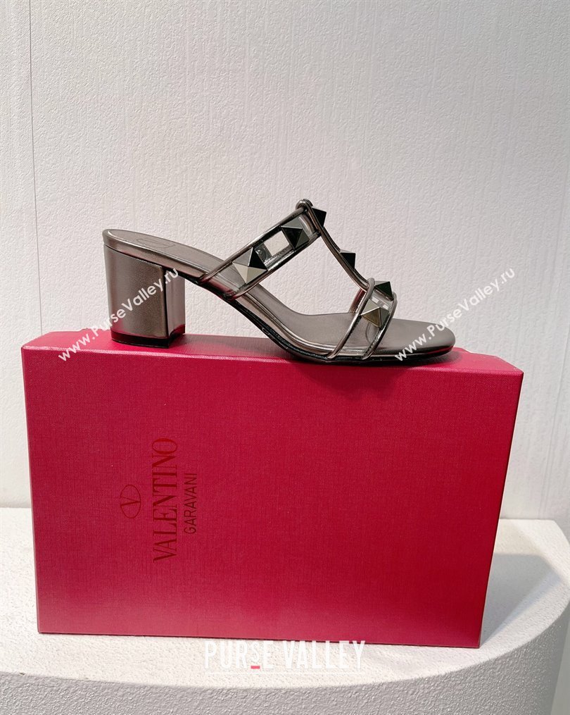 Valentino Roman Stud Heel Slide Sandals in Leather and PVC Metallic Grey 2023 VT102704 (MD-231027084)