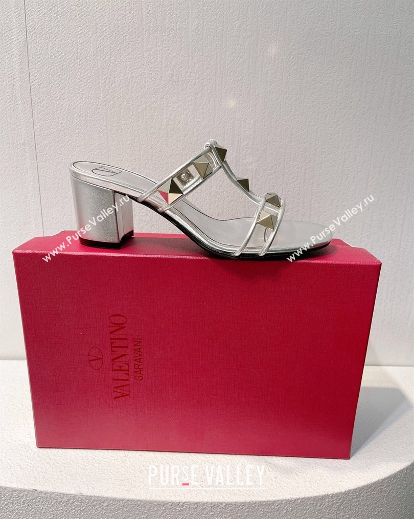 Valentino Roman Stud Heel Slide Sandals in Leather and PVC Silver 2023 VT102704 (MD-231027085)