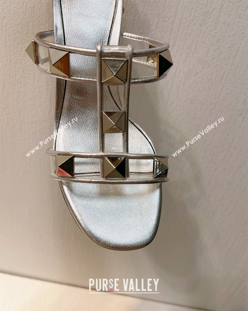 Valentino Roman Stud Heel Slide Sandals in Leather and PVC Silver 2023 VT102704 (MD-231027085)