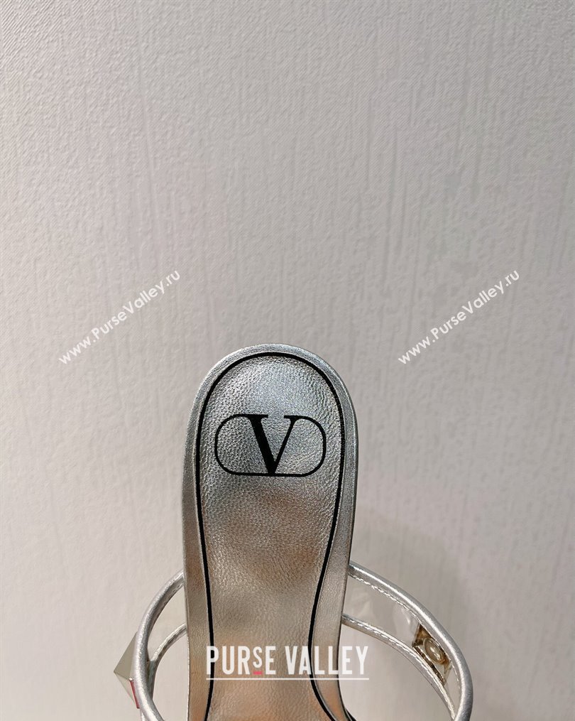 Valentino Roman Stud Heel Slide Sandals in Leather and PVC Silver 2023 VT102704 (MD-231027085)