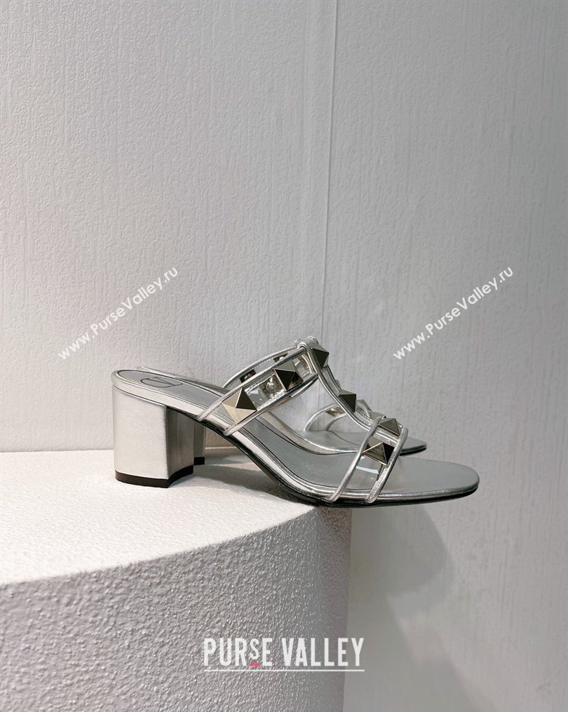 Valentino Roman Stud Heel Slide Sandals in Leather and PVC Silver 2023 VT102704 (MD-231027085)