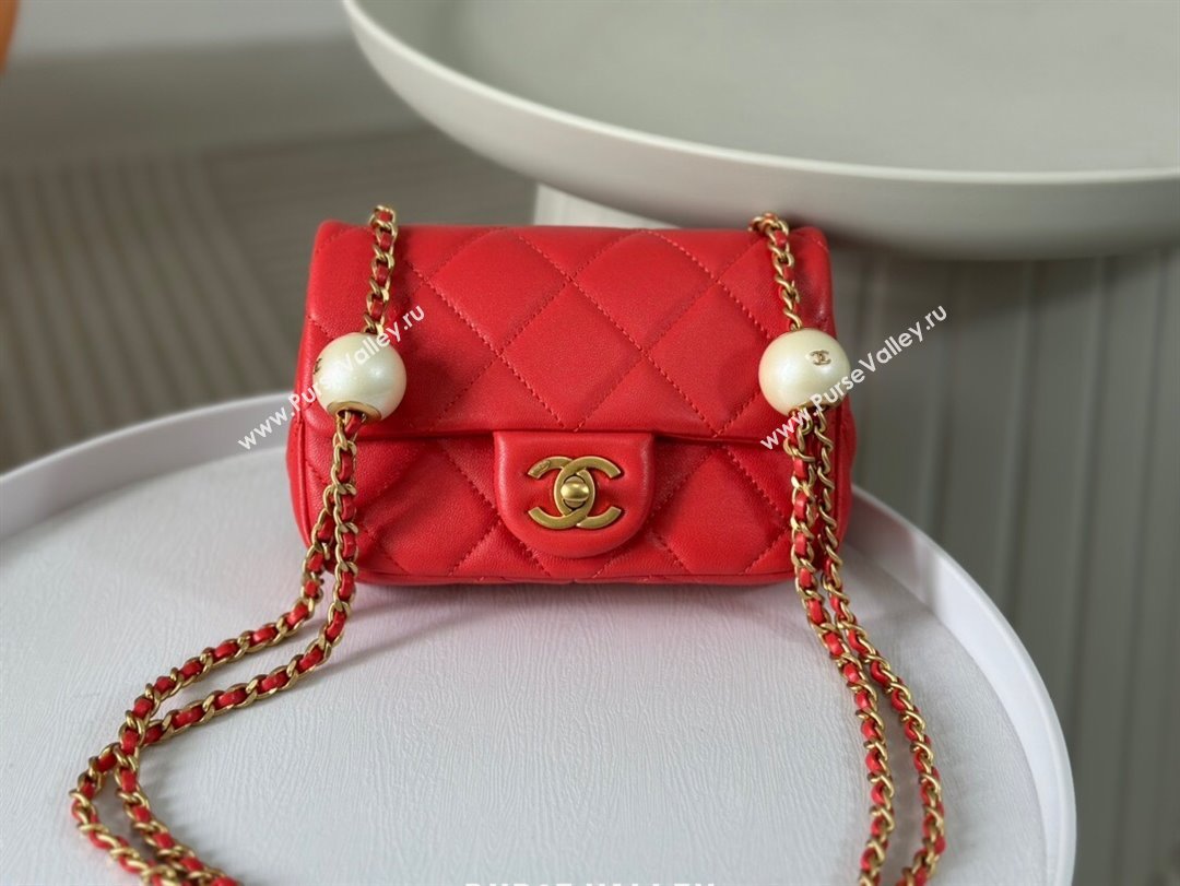 Chanel Lambskin Mini Flap Bag with Pearl Chain AS4868 Red 2024 (SM-24072315)