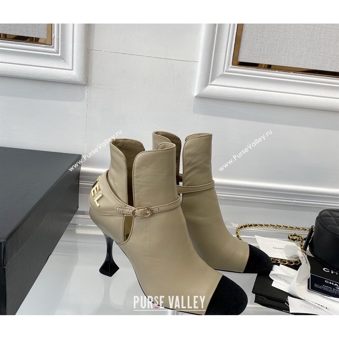 Chanel Lambskin Short Boots 9cm with Logo Back Beige 2021 (0768-21080922)