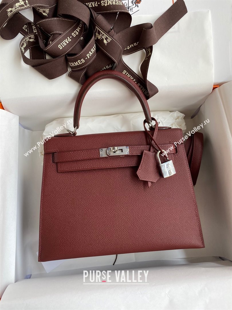 Hermes Kelly 25/28/32cm Bag in Original Epsom Leather Burgundy/Silver 2024 (Handmand) (M-24021906)