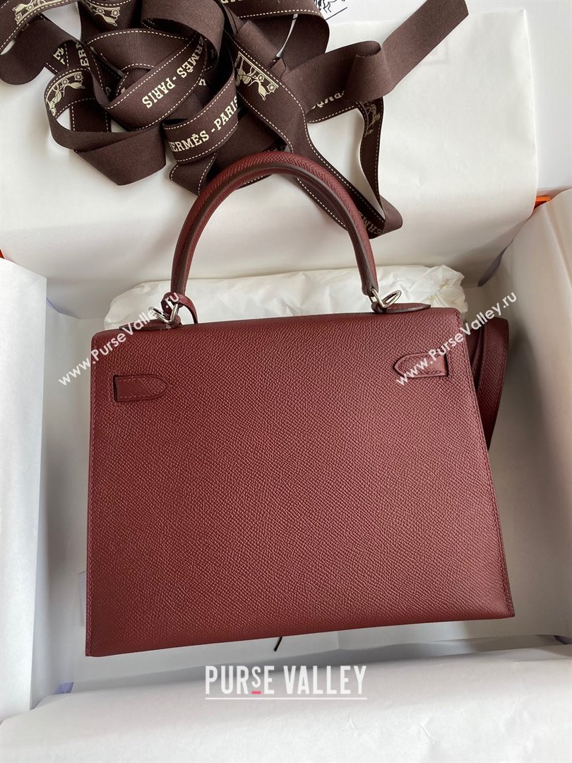 Hermes Kelly 25/28/32cm Bag in Original Epsom Leather Burgundy/Silver 2024 (Handmand) (M-24021906)