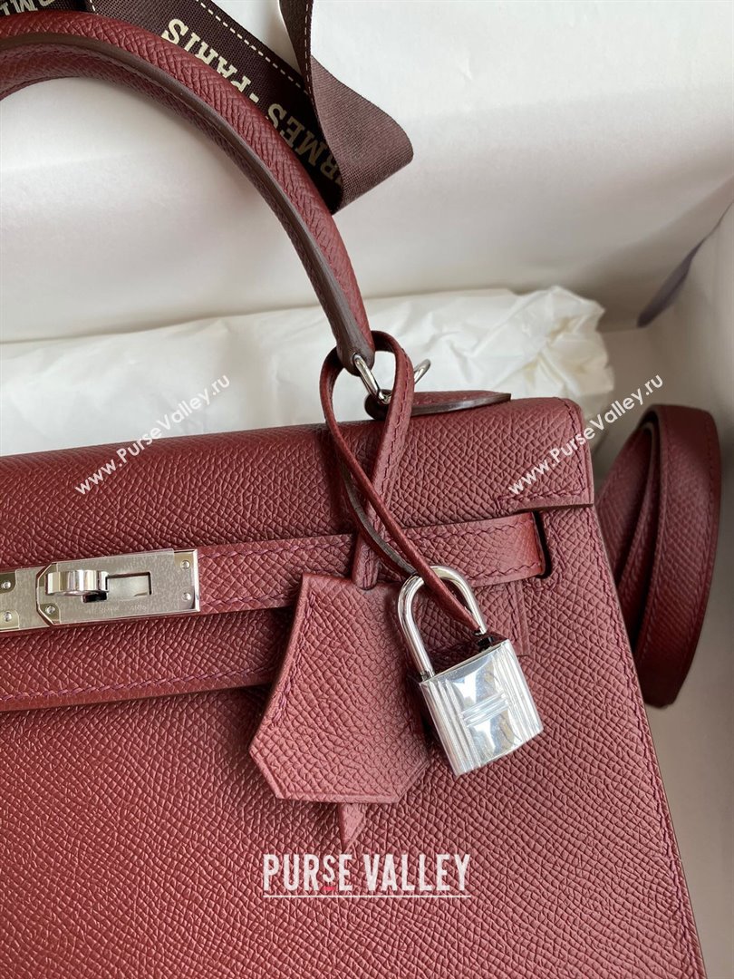 Hermes Kelly 25/28/32cm Bag in Original Epsom Leather Burgundy/Silver 2024 (Handmand) (M-24021906)