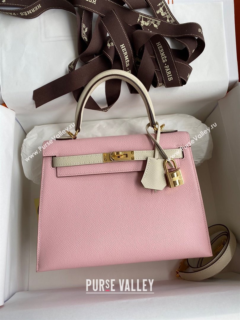 Hermes Kelly 25/28/32cm Bag in Original Epsom Leather 3Q Pink/White/Gold 2024 (Handmand) (M-24021908)