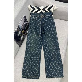 Chanel Crystal Denim Jeans with Chain Belt CH040317 Blue 2024 (Q-24040317)