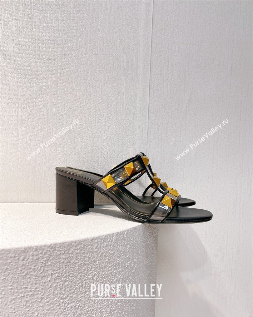 Valentino Roman Stud Heel Slide Sandals in Leather and PVC Black 2023 VT102704 (MD-231027093)