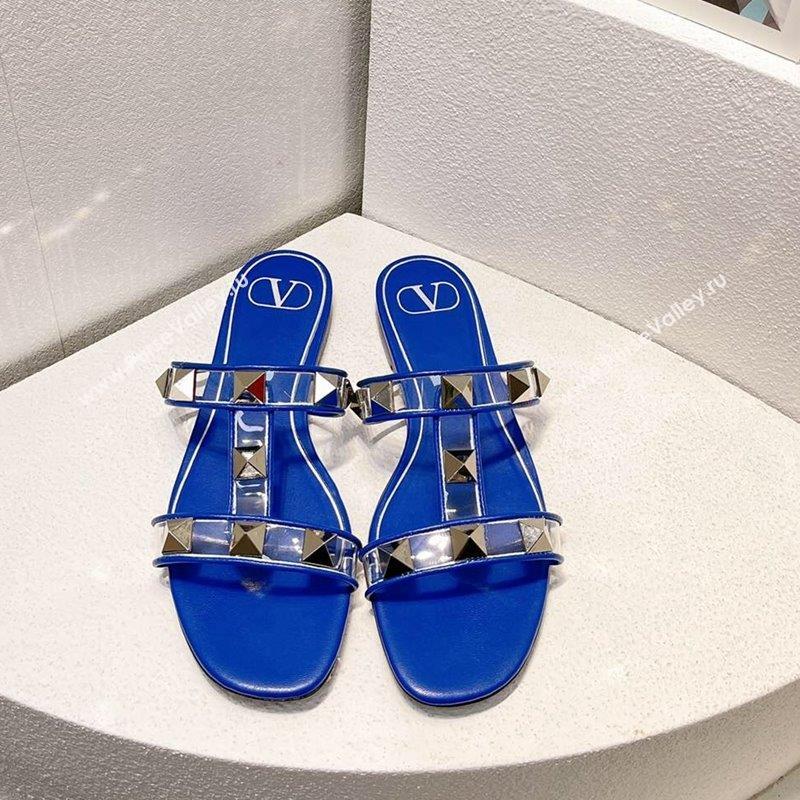 Valentino Roman Stud Flat Slide Sandals in Leather and PVC Blue 3 2023 VT102704 (MD-231027094)