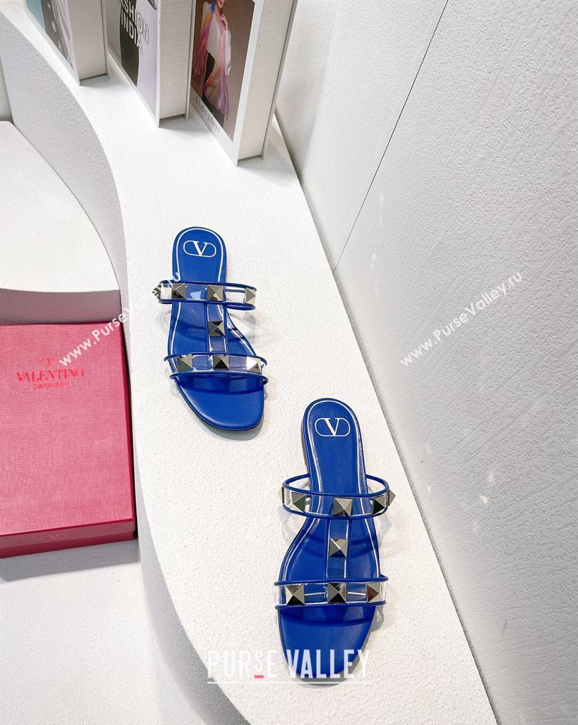 Valentino Roman Stud Flat Slide Sandals in Leather and PVC Blue 3 2023 VT102704 (MD-231027094)