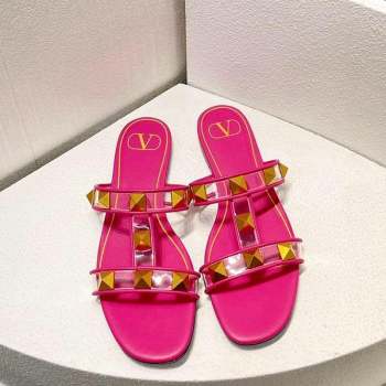 Valentino Roman Stud Flat Slide Sandals in Leather and PVC Dark Pink 2023 VT102704 (MD-231027095)