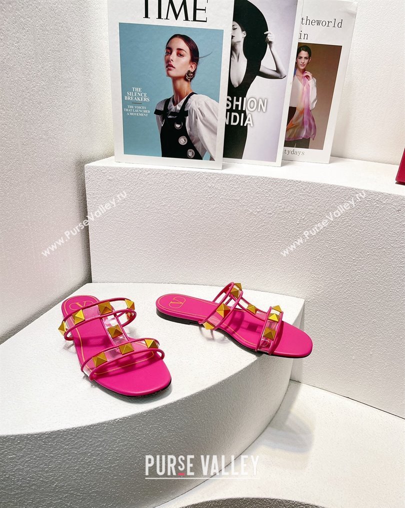 Valentino Roman Stud Flat Slide Sandals in Leather and PVC Dark Pink 2023 VT102704 (MD-231027095)