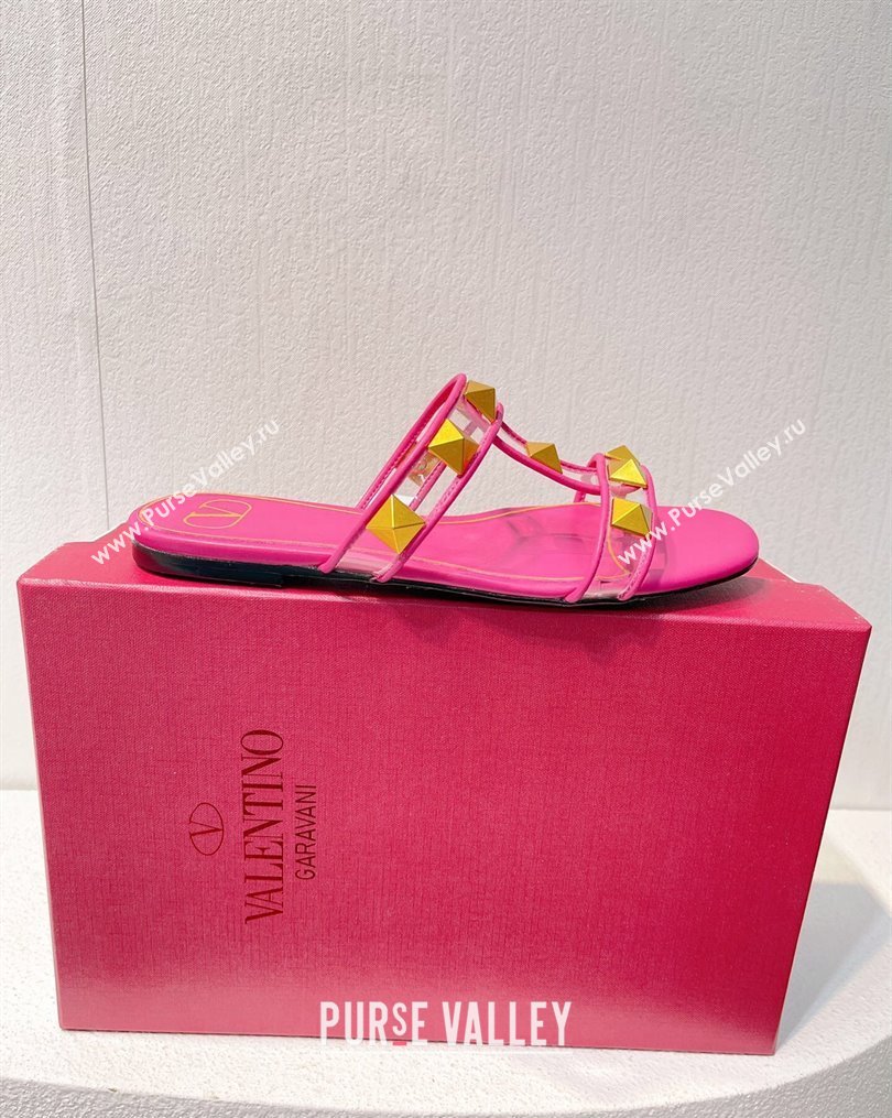 Valentino Roman Stud Flat Slide Sandals in Leather and PVC Dark Pink 2023 VT102704 (MD-231027095)