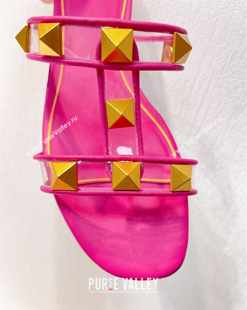 Valentino Roman Stud Flat Slide Sandals in Leather and PVC Dark Pink 2023 VT102704 (MD-231027095)