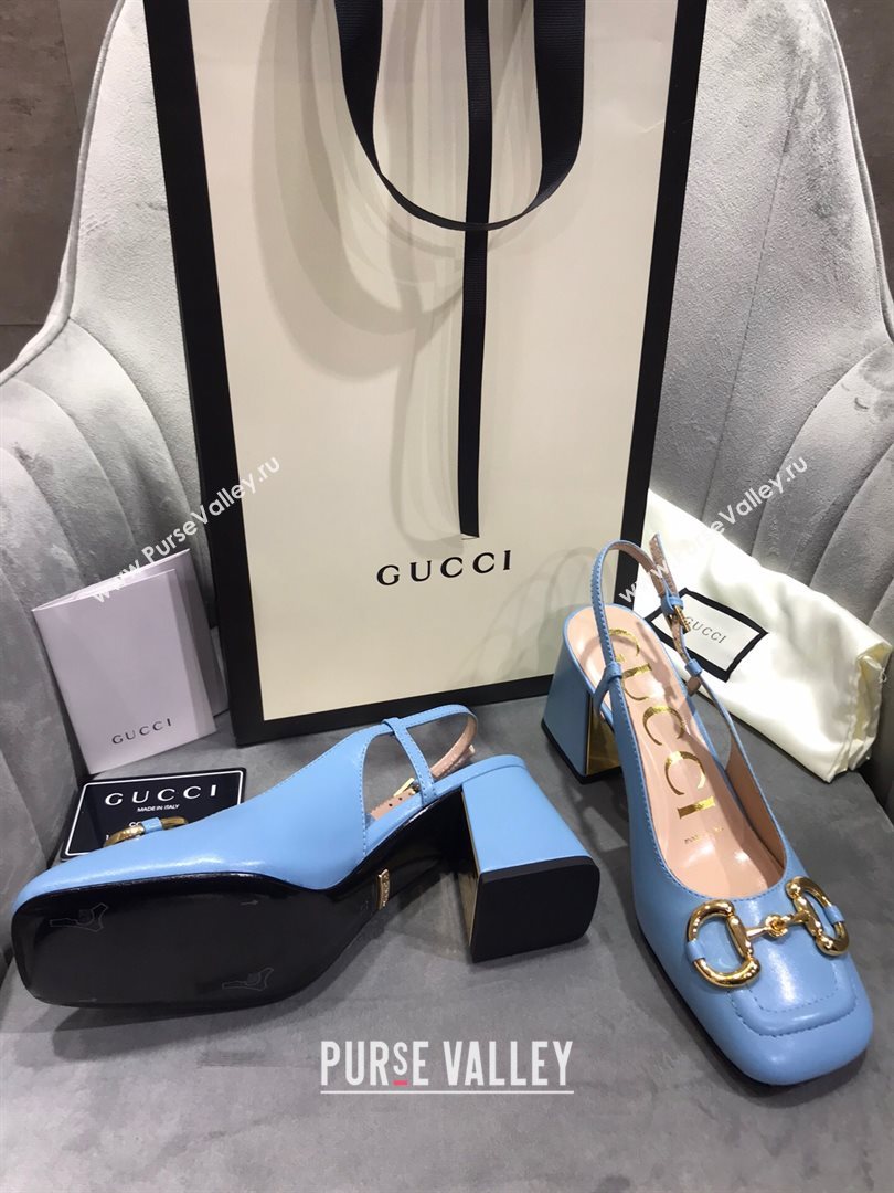 Gucci Mid-Heel Slingback Pumps with Horsebit Blue 2020 (MD-20120235)