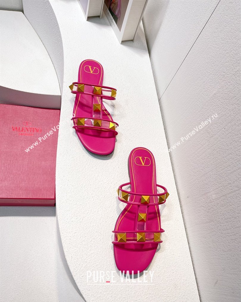 Valentino Roman Stud Flat Slide Sandals in Leather and PVC Dark Pink 2023 VT102704 (MD-231027095)