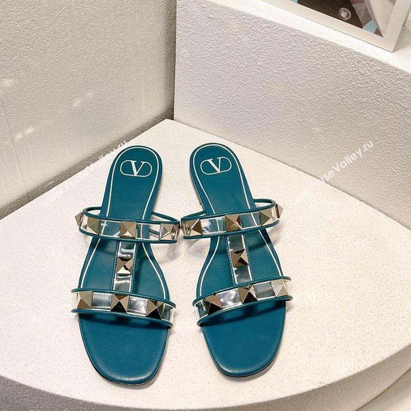 Valentino Roman Stud Flat Slide Sandals in Leather and PVC Peacock Green 2023 VT102704 (MD-231027096)