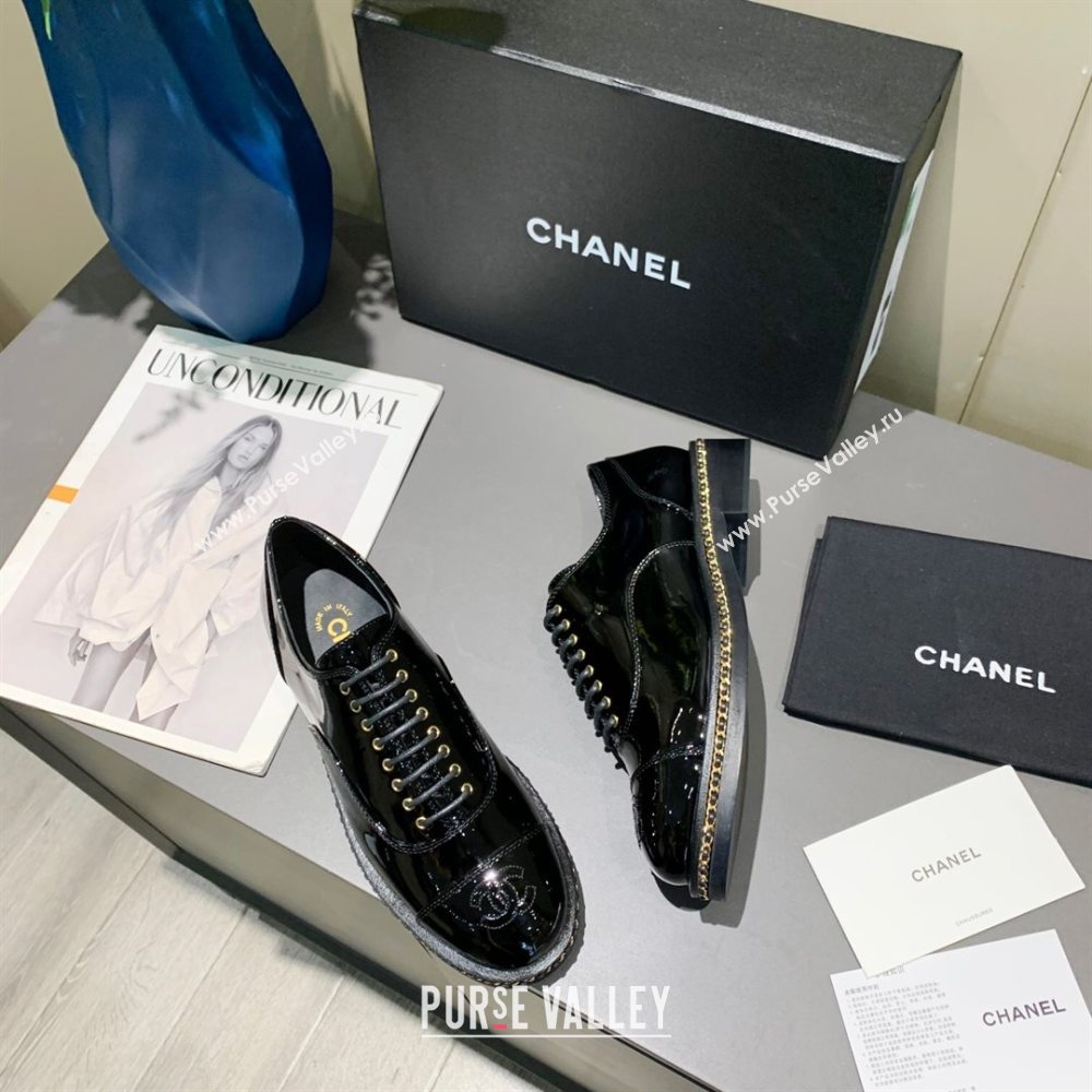 Chanel Patent Leather Lace-ups with Chain Charm G36446 Black 2020 (MD-20120236)