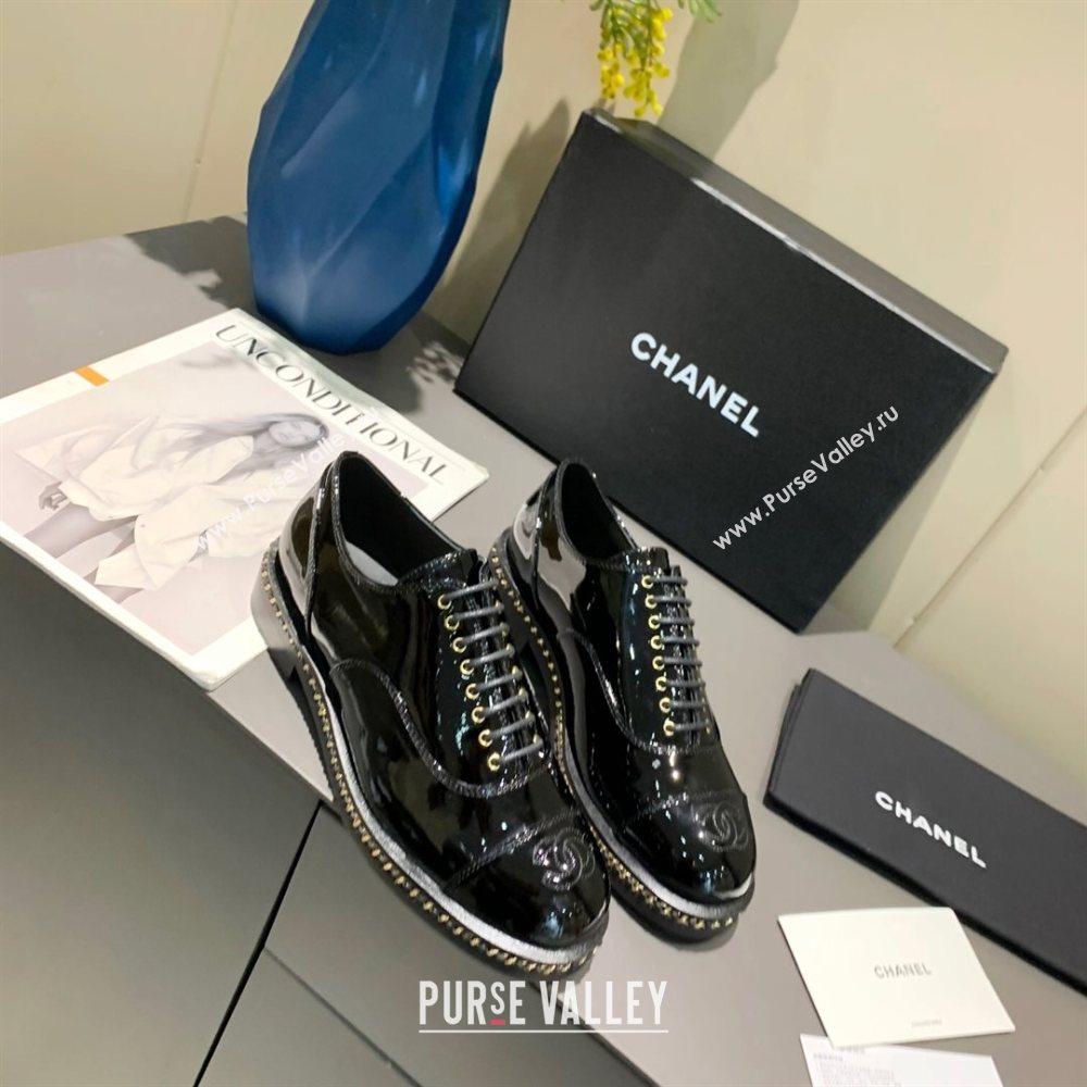 Chanel Patent Leather Lace-ups with Chain Charm G36446 Black 2020 (MD-20120236)