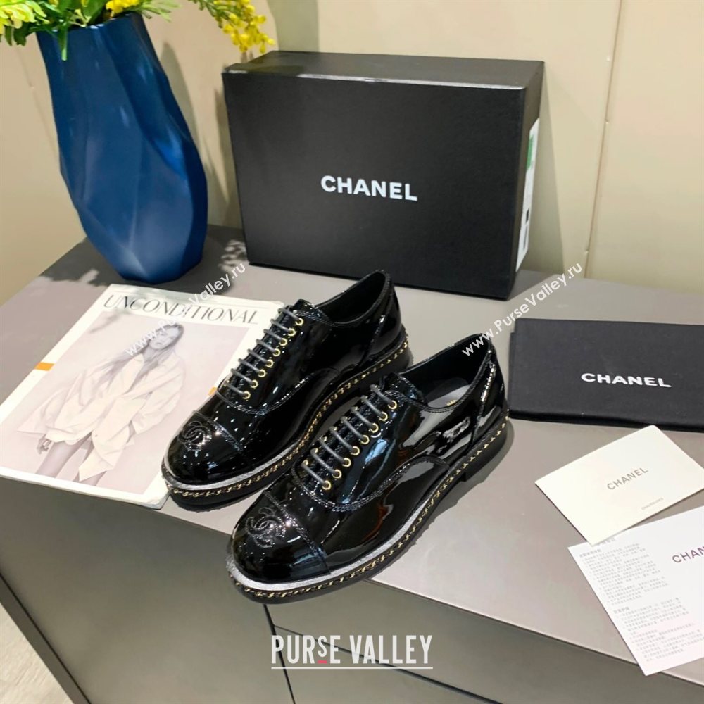 Chanel Patent Leather Lace-ups with Chain Charm G36446 Black 2020 (MD-20120236)