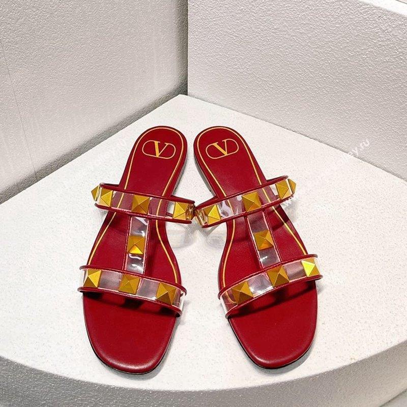 Valentino Roman Stud Flat Slide Sandals in Leather and PVC Burgundy 2023 VT102704 (MD-231027097)