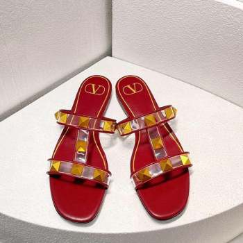 Valentino Roman Stud Flat Slide Sandals in Leather and PVC Burgundy 2023 VT102704 (MD-231027097)