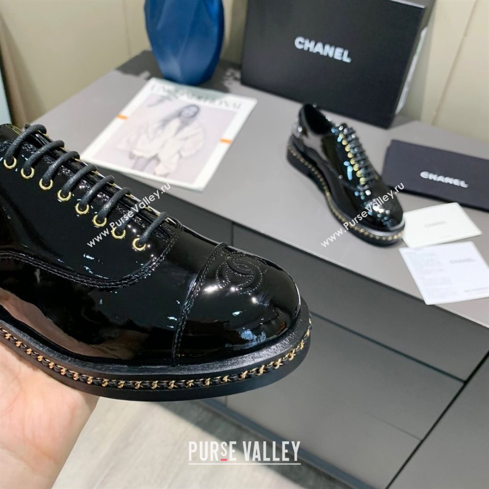 Chanel Patent Leather Lace-ups with Chain Charm G36446 Black 2020 (MD-20120236)