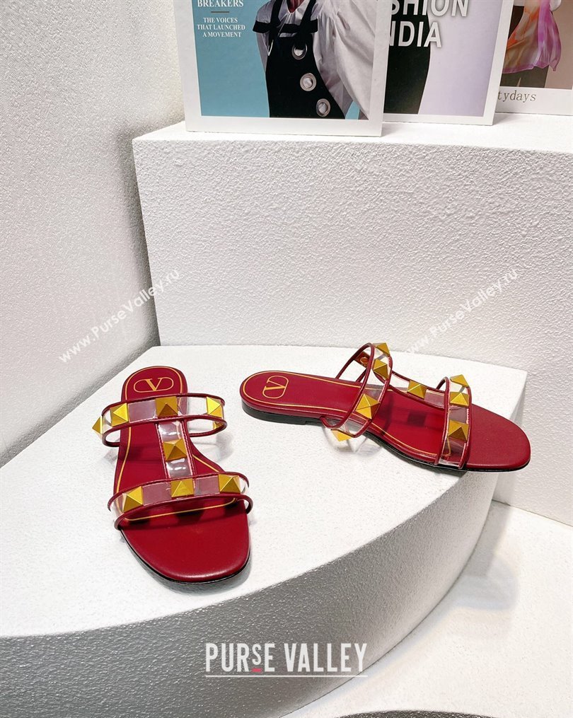 Valentino Roman Stud Flat Slide Sandals in Leather and PVC Burgundy 2023 VT102704 (MD-231027097)