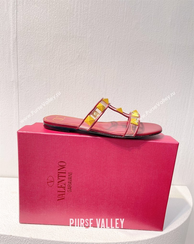 Valentino Roman Stud Flat Slide Sandals in Leather and PVC Burgundy 2023 VT102704 (MD-231027097)