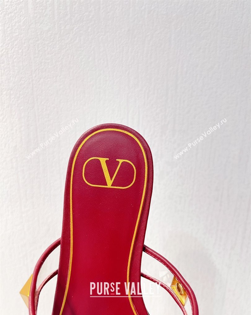 Valentino Roman Stud Flat Slide Sandals in Leather and PVC Burgundy 2023 VT102704 (MD-231027097)