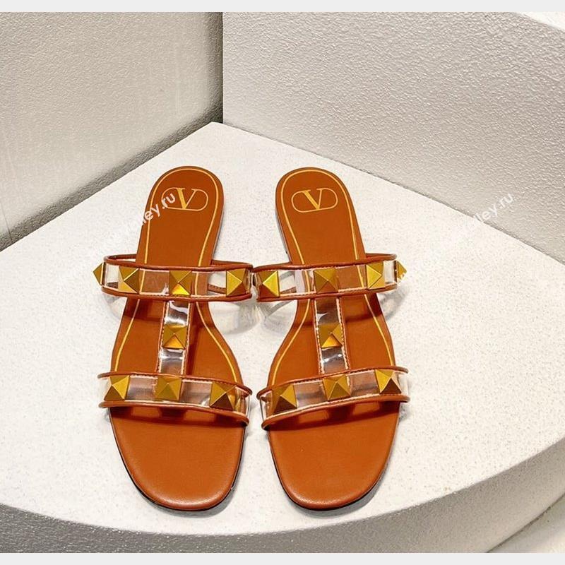 Valentino Roman Stud Flat Slide Sandals in Leather and PVC Brown 2023 VT102704 (MD-231027098)