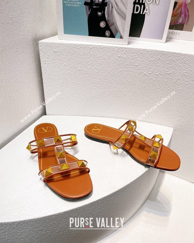 Valentino Roman Stud Flat Slide Sandals in Leather and PVC Brown 2023 VT102704 (MD-231027098)